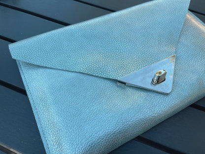 Light iridescent blue and Silver Metallic Leather clutch