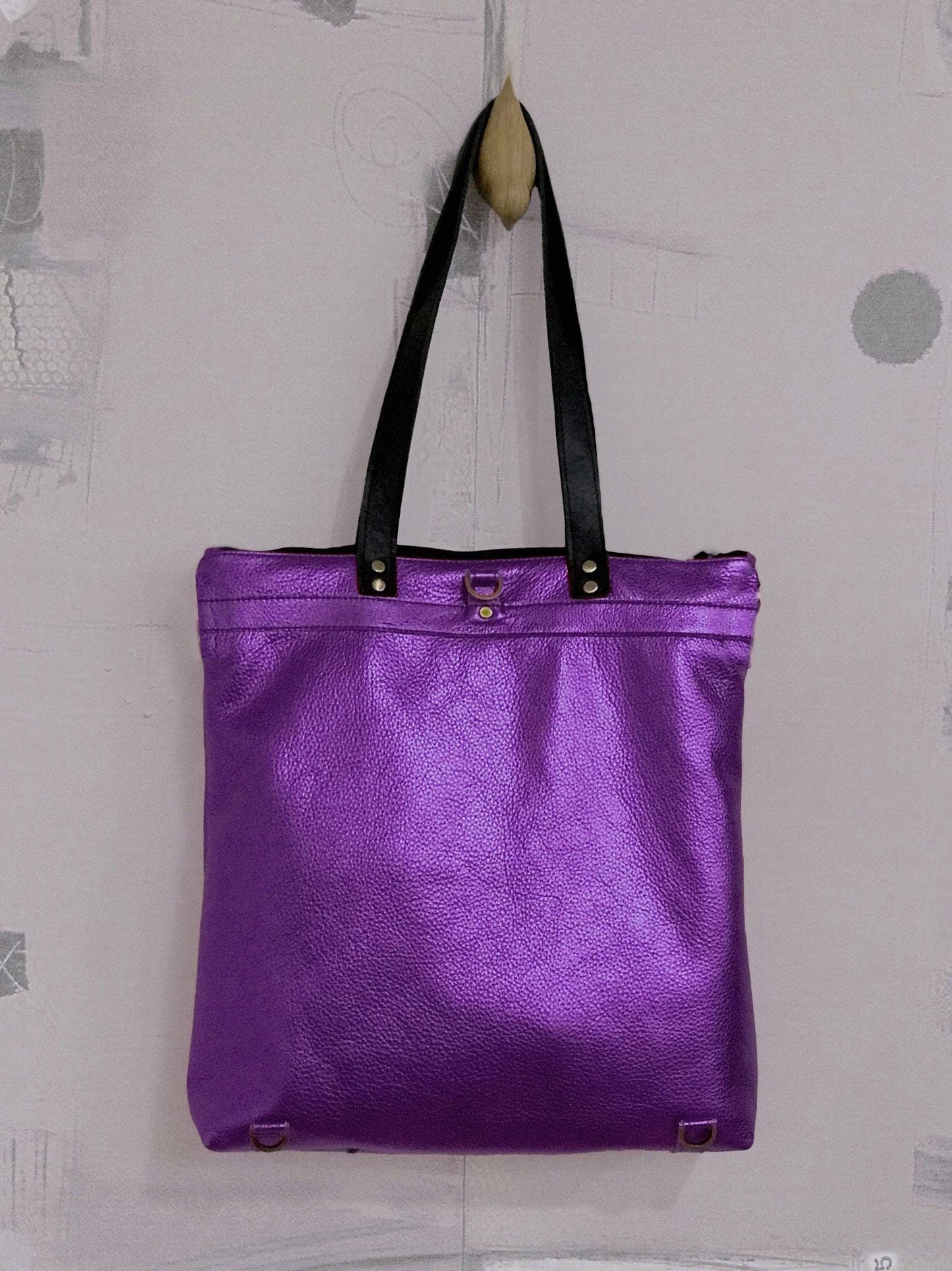 Purple Metallic Leather Backpack with Optional Tote Straps