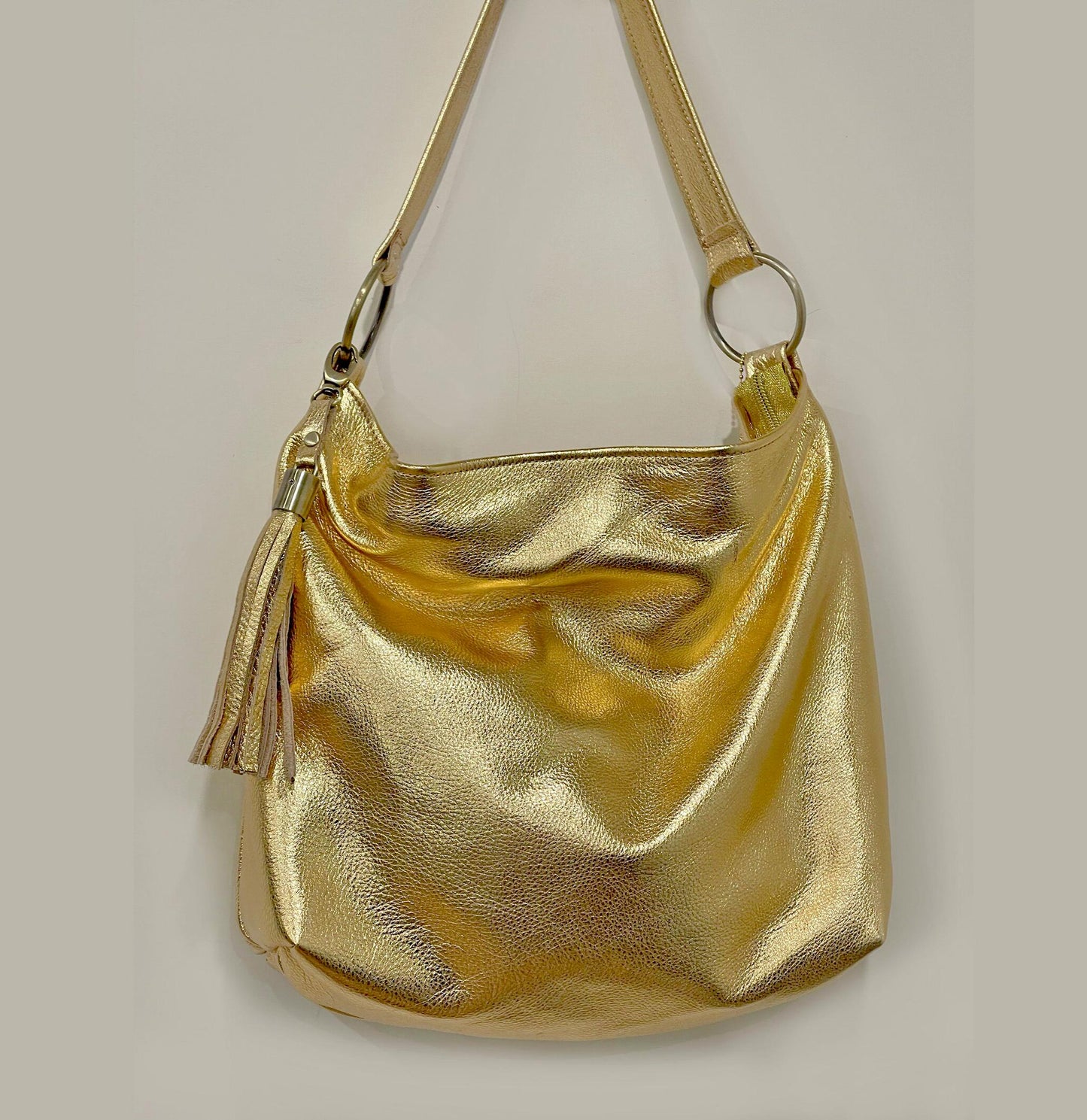 Metallic gold crossbody bag, true gold, premium soft metallic leather