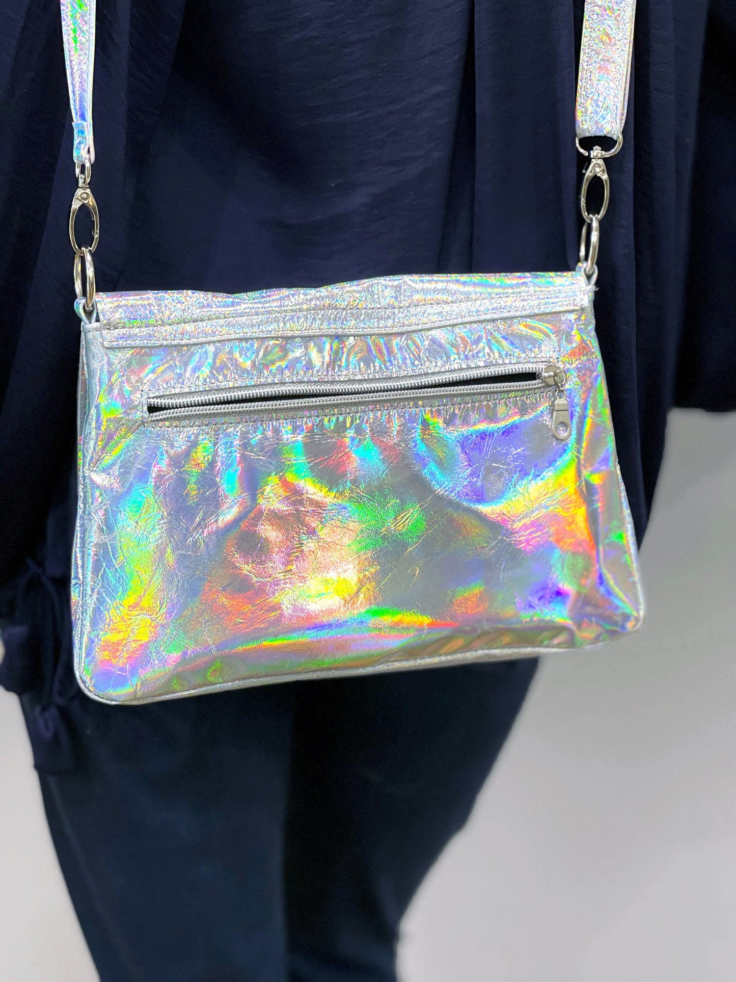 Holographic Silver flap over Messenger bag, premium Italian holo leather, Iridescent