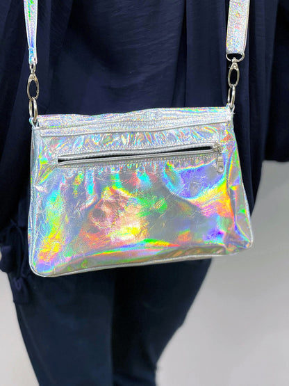 Holographic Silver flap over Messenger bag, premium Italian holo leather, Iridescent