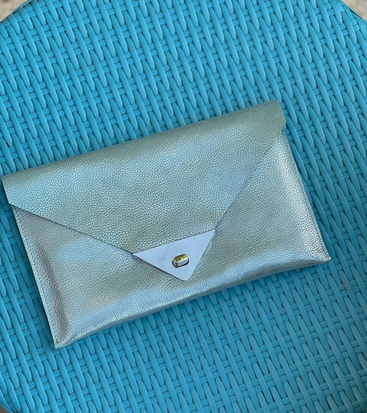 Light iridescent blue and Silver Metallic Leather clutch