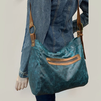 Distressed dark teal Leather Crossbody Bag