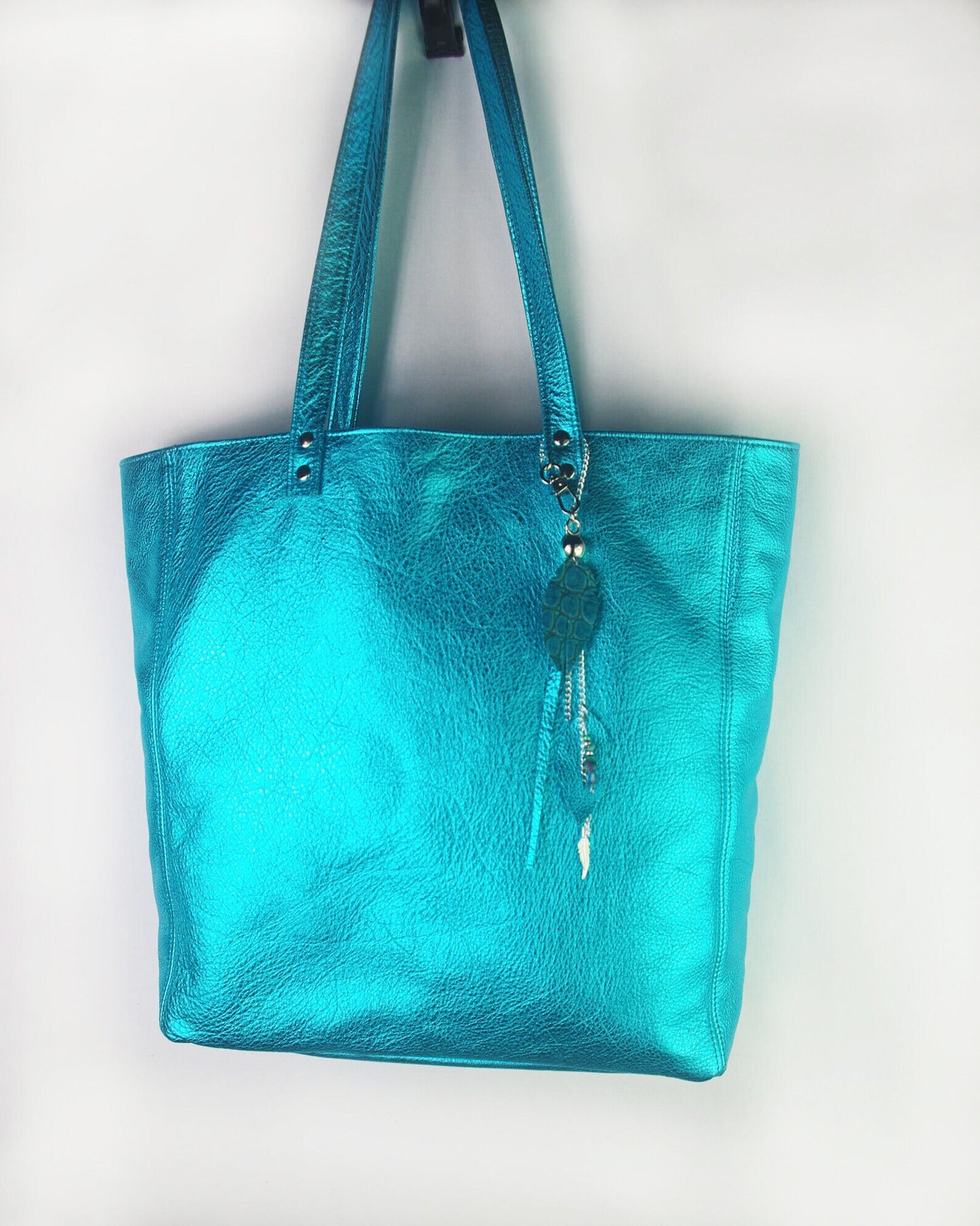 Metallic Turquoise Leather Tote, free leather zipper purse