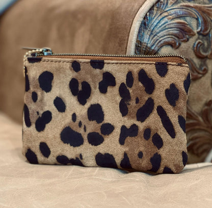 Leopard print nubuck leather zipper Purse, unlined