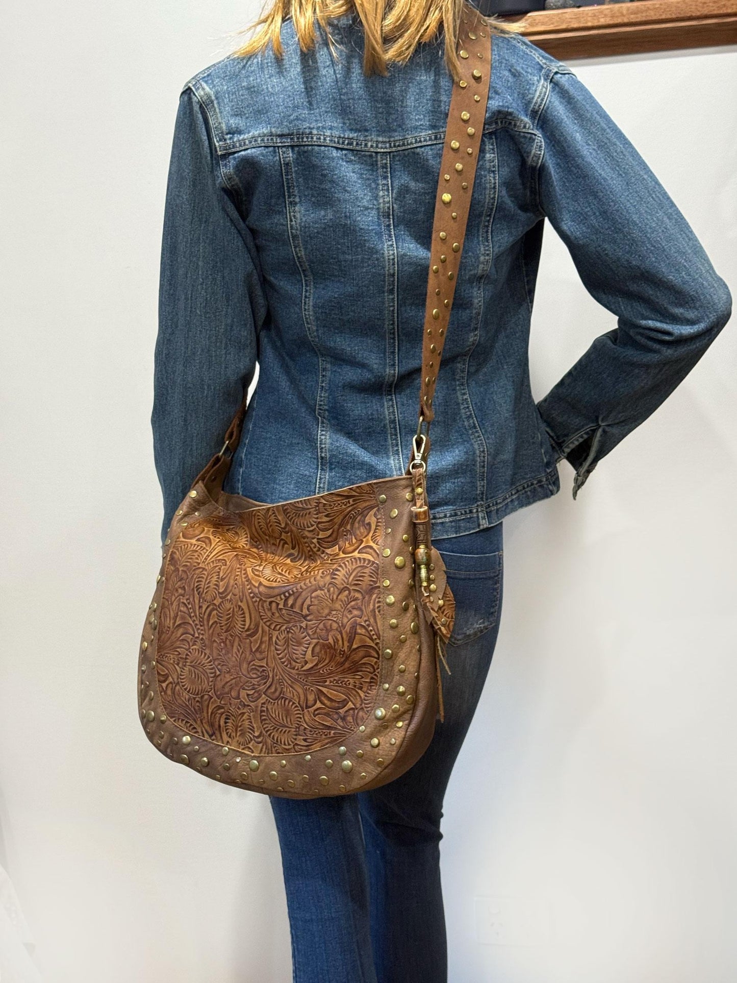 Studded Tooled brown Leather Hobo crossbody or shoulder Bag, 1 IN STOCK