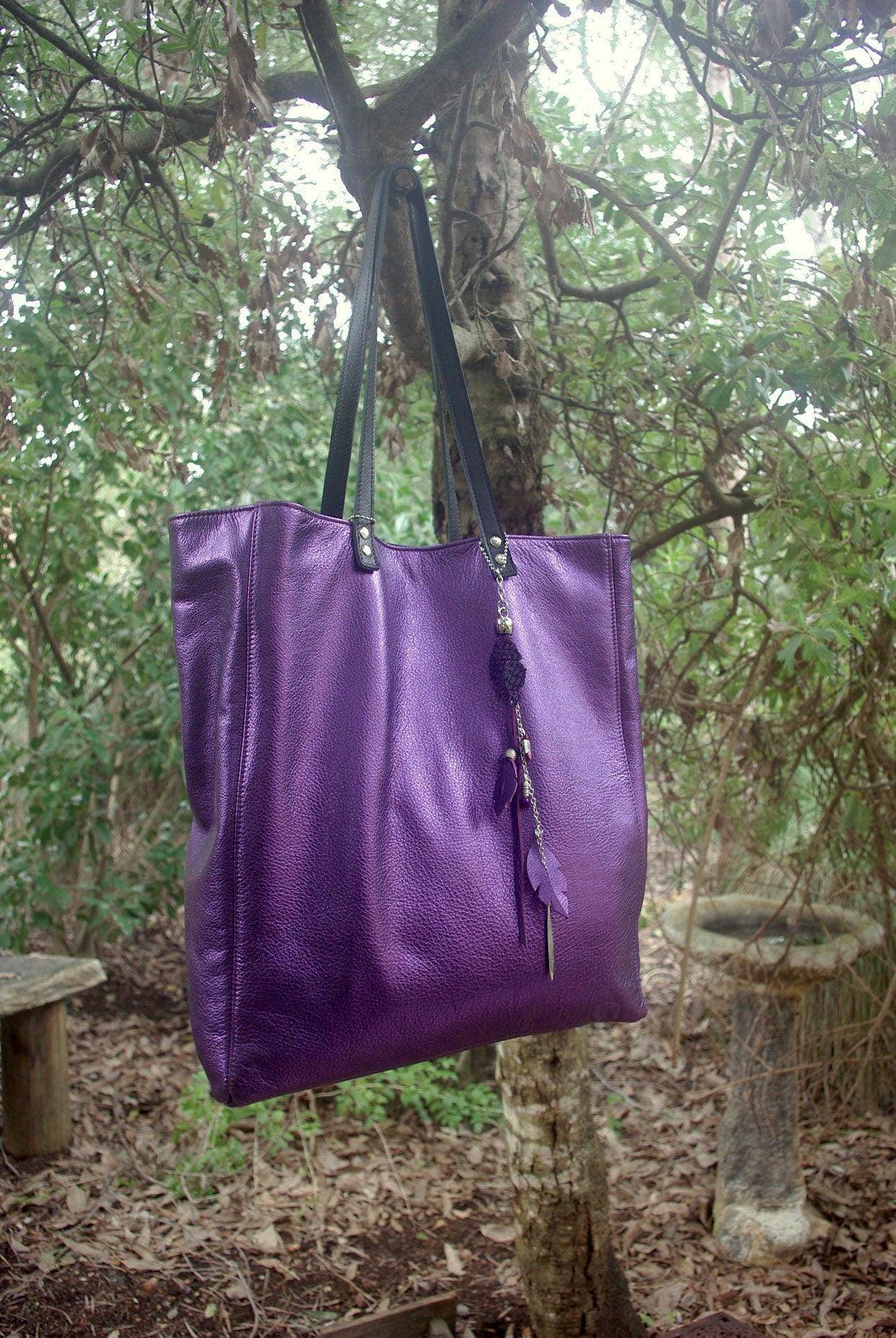 Leather Tote Metallic purple, leather zipper pocket and free purse