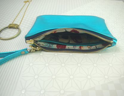Metallic Turquoise leather Wristlet, softest aquamarine leather purse