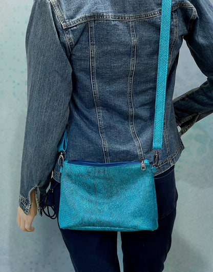 Small turquoise metallic Leather crossbody bag. 1 IN STOCK