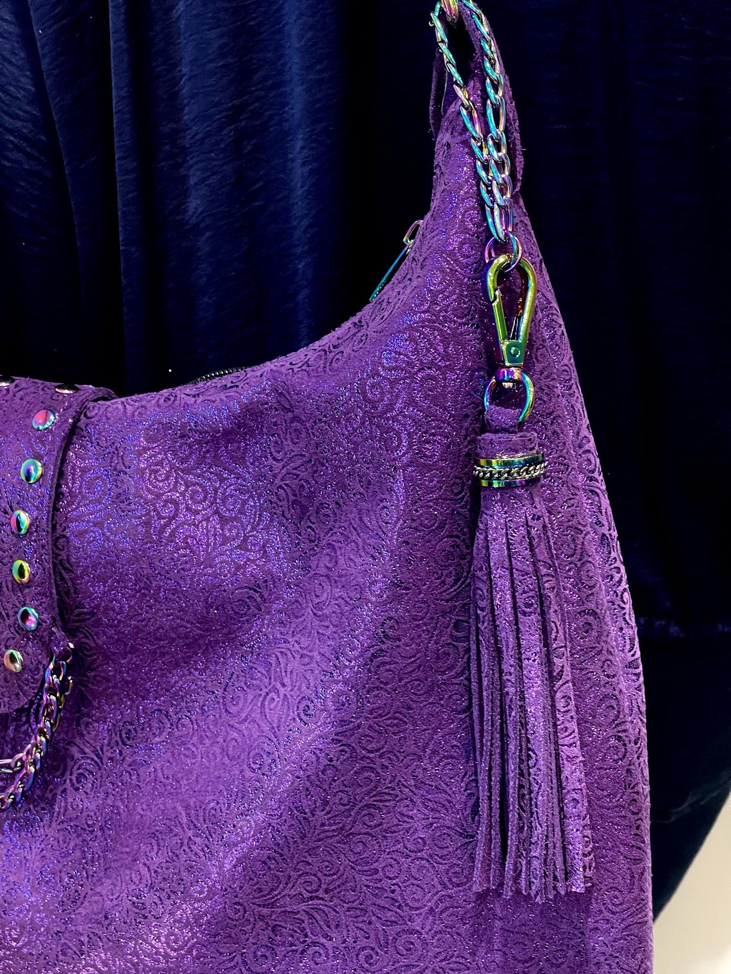 Metallic Purple Soft Italian Hobo, fine florentine design on surface, zip pockets