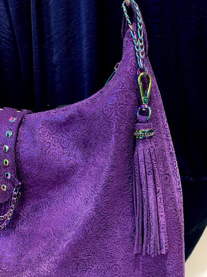 Metallic Purple Soft Italian Hobo, fine florentine design on surface, zip pockets