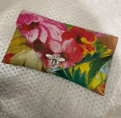 Bright clutch leather wristlet, painted abstract garden, summer leather purse, detachable wristlet