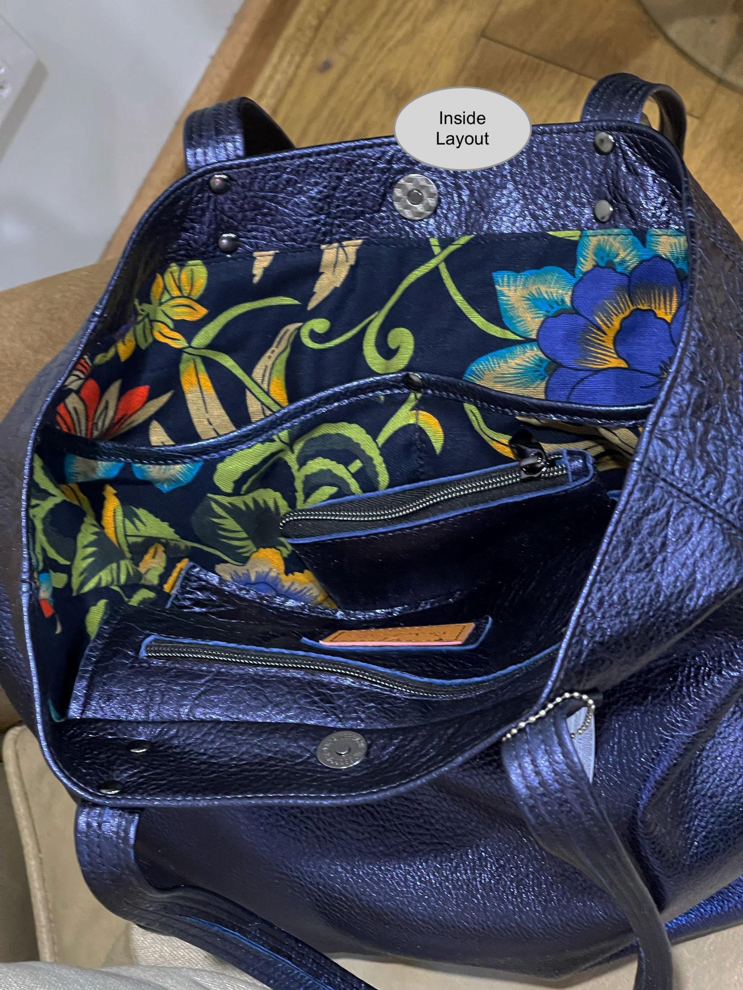 Metallic purple Tote, soft Florentine Italian print metallic leather, free zipper purse