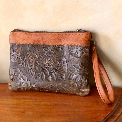 Tooled Leather Wristlet, Australian western floral embossed clutch