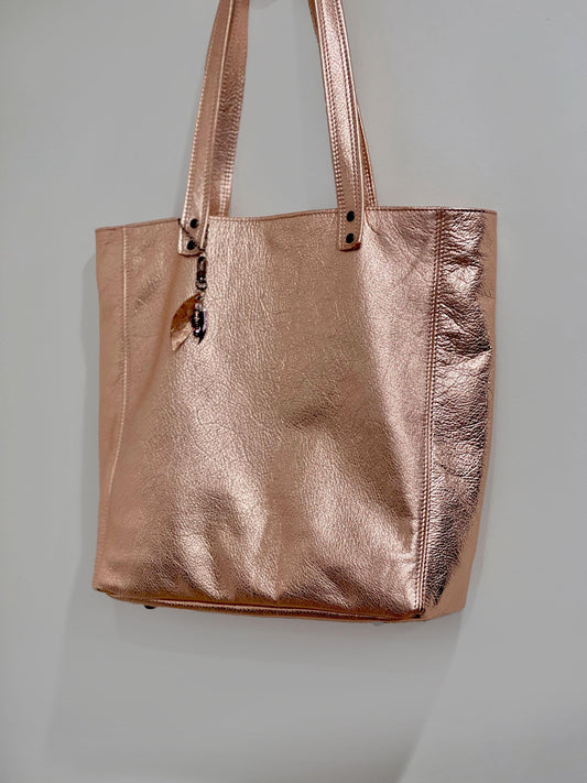 Metallic Peach Rose Gold Leather Tote, free zip purse
