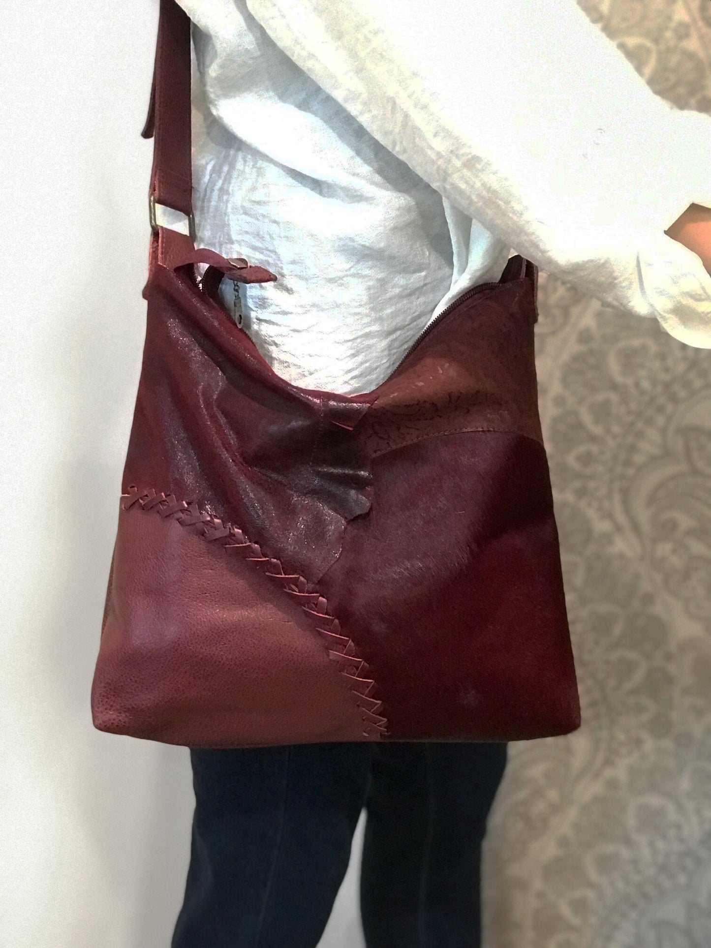 Burgundy vintage cowhide leather crossbody
