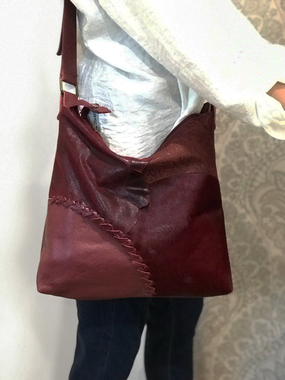 Burgundy vintage cowhide leather crossbody