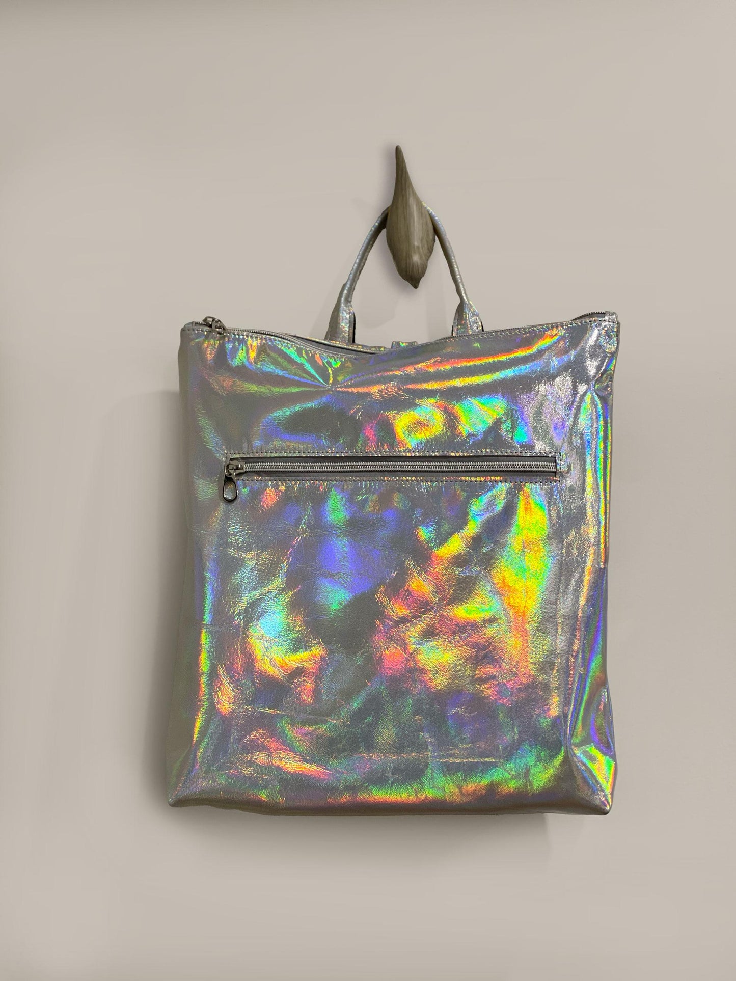 Holographic Silver leather backpack and tote