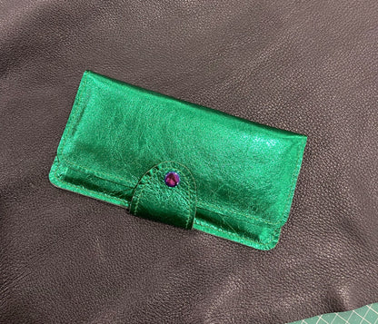 Emerald Green Metallic Leather Wallet Purse or wristlet. zipper pocket