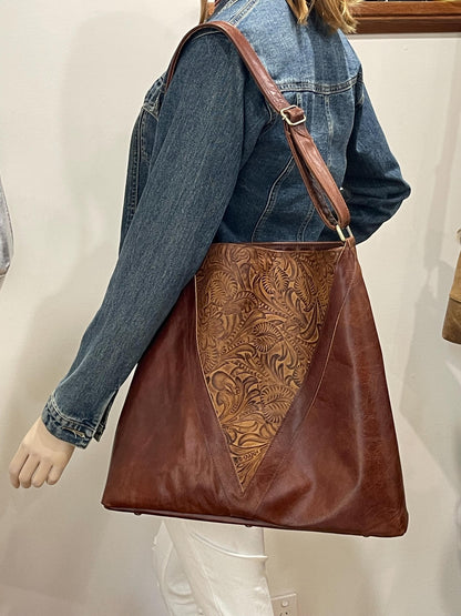 Brown tooled leather Tote bag, Premium Leather, flower and leaf design