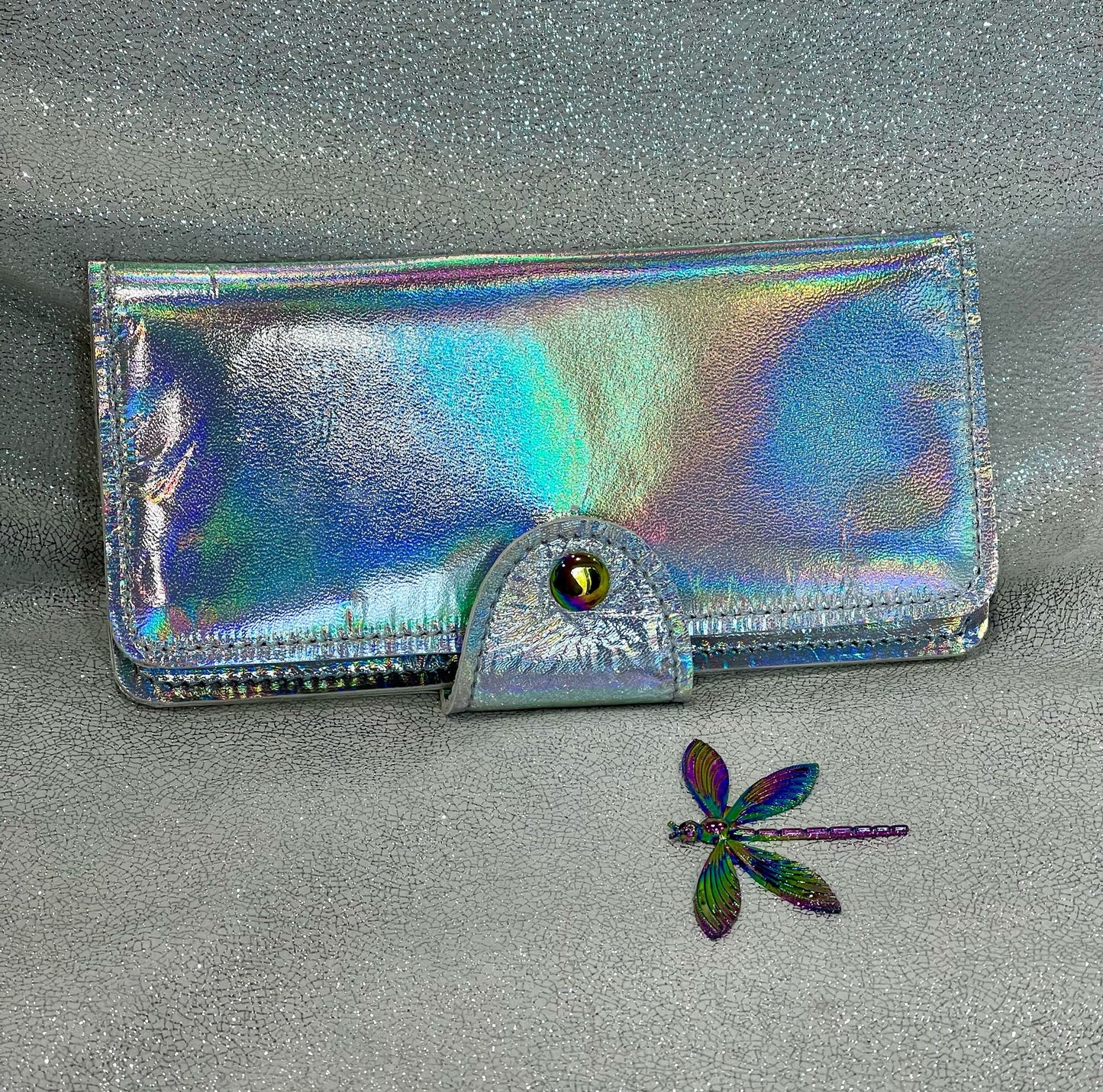 Holographic Iridescent Leather Wallet Purse or wristlet, zipper pocket