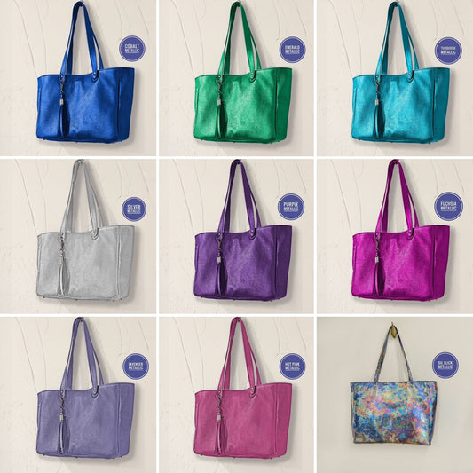 Choose colour wide Metallic Leather Tote, free zipper purse