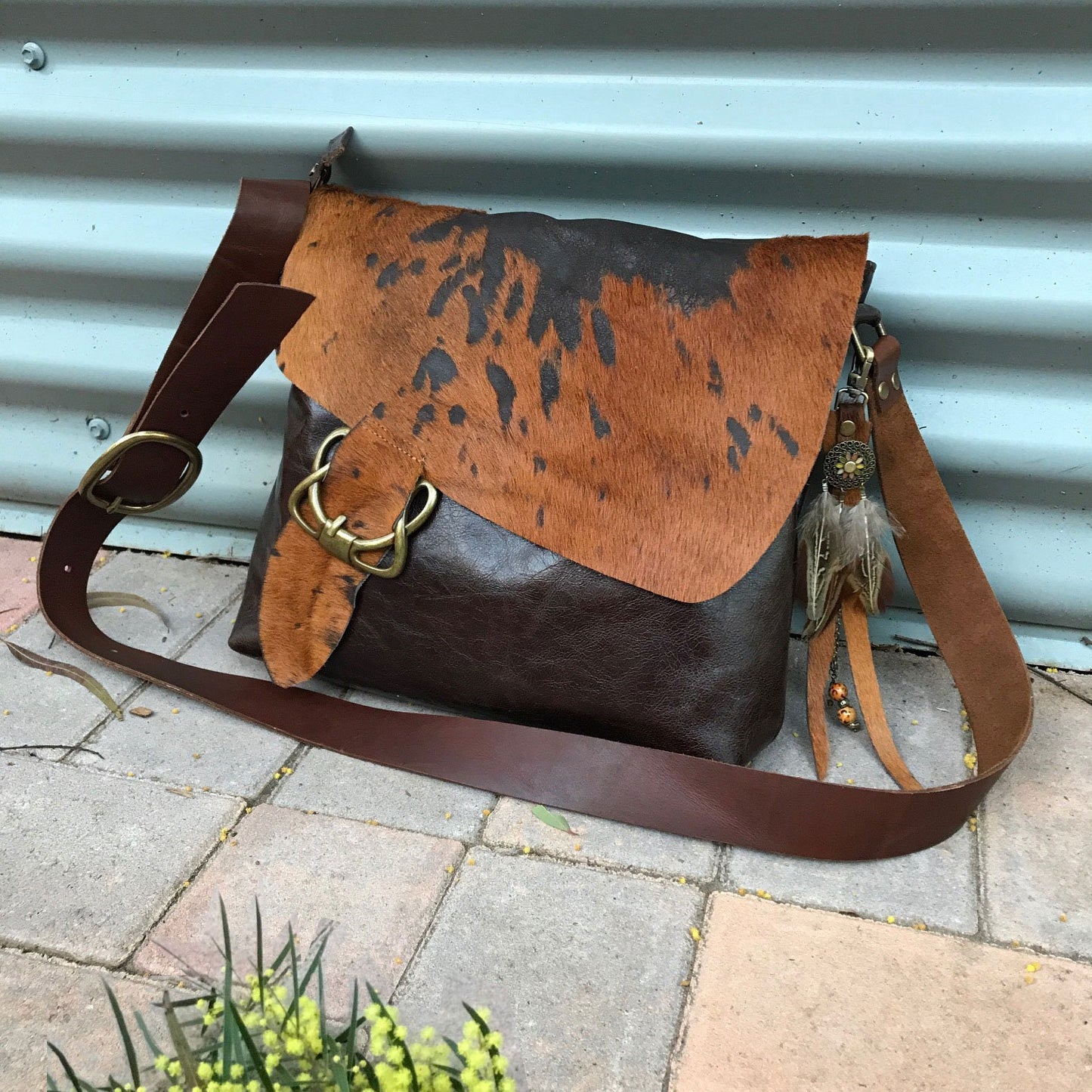 Cowhide Celtic Leather Crossbody, wide strap, OOAK cowhide