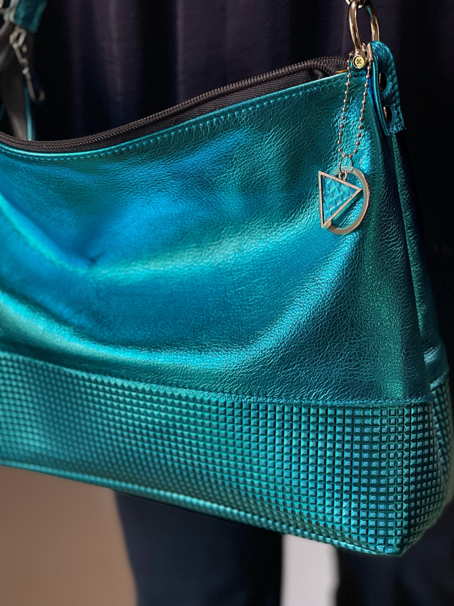 Metallic Turquoise leather crossbody shoulder bag, embossed leather IN STOCK