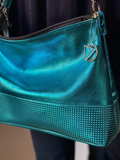 Metallic Turquoise leather crossbody shoulder bag, embossed leather IN STOCK
