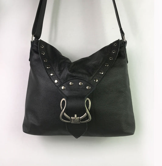 Black Celtic leather Crossbody bag with rivets