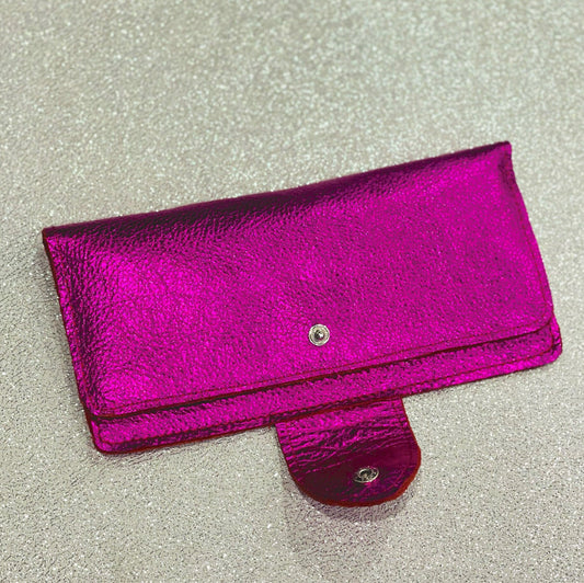 Fuchsia Pink Metallic Leather Wallet Purse or wristlet