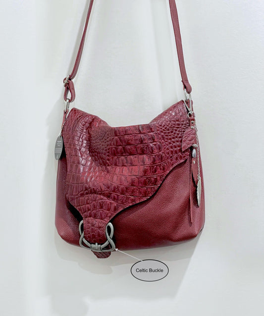 Red Croco Embossed leather Crossbody bag, Italian tooled leather, deep red
