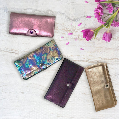 Metallic Purple Leather Wallet Purse with zipper, Italian leather