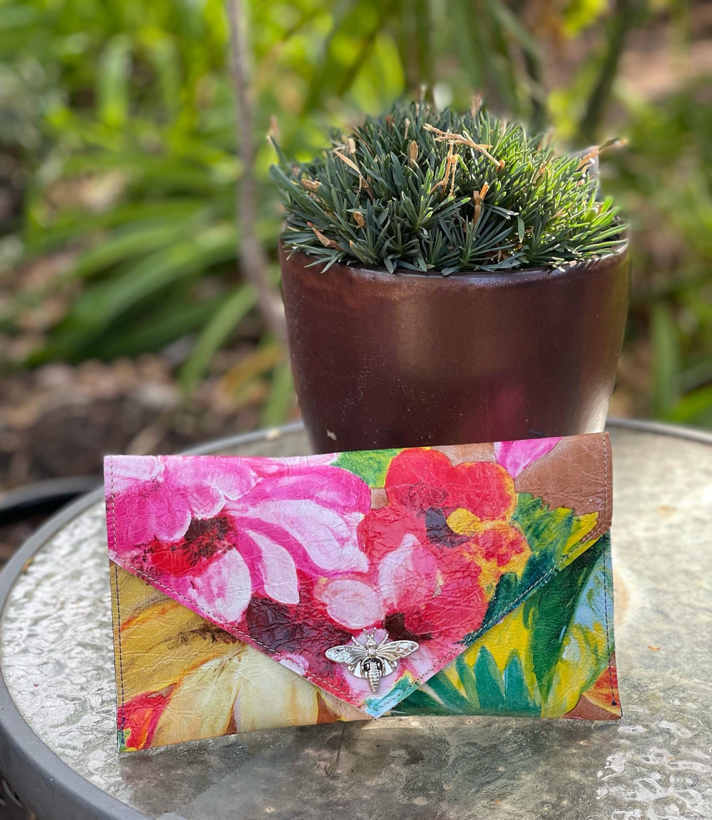 Bright clutch leather wristlet, painted abstract garden, summer leather purse, detachable wristlet