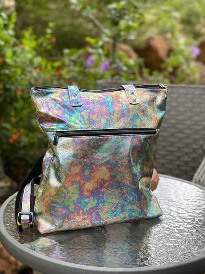 Metallic Oil Slick leather backpack and tote, FREE purse