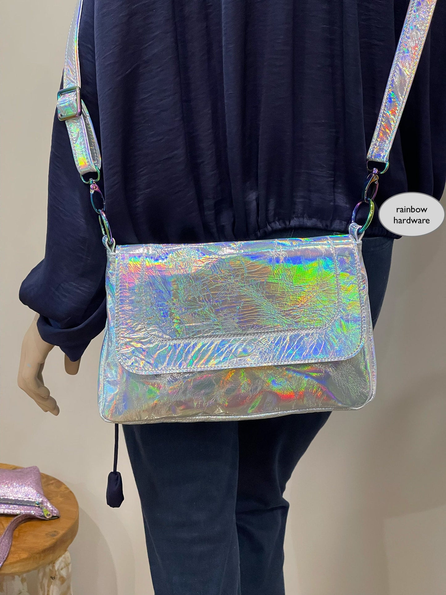 Holographic Silver flap over Messenger bag, premium Italian holo leather, Iridescent