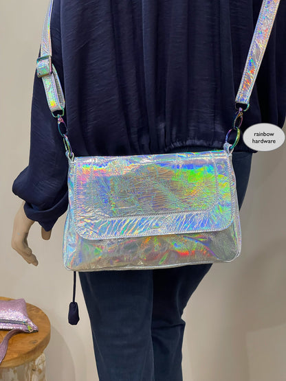 Holographic Silver flap over Messenger bag, premium Italian holo leather, Iridescent