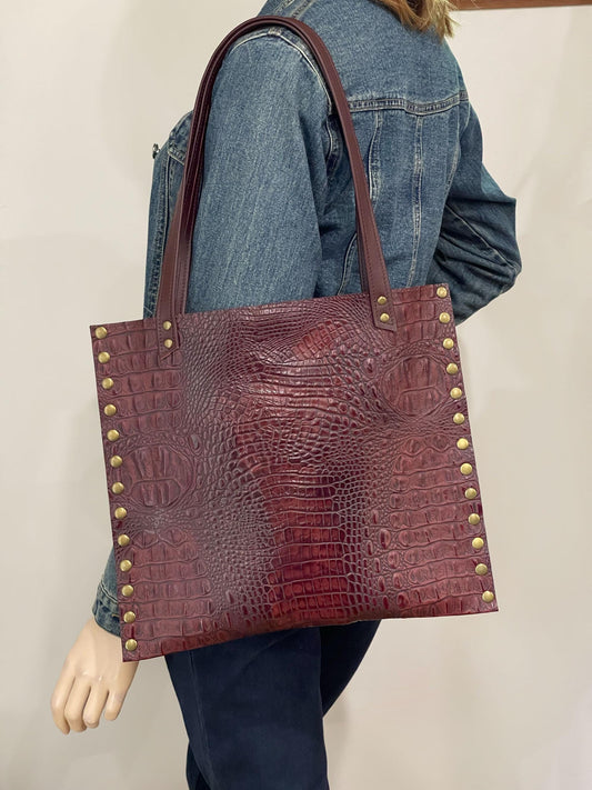 Tooled Embossed studded Burgundy Croco Leather Tote