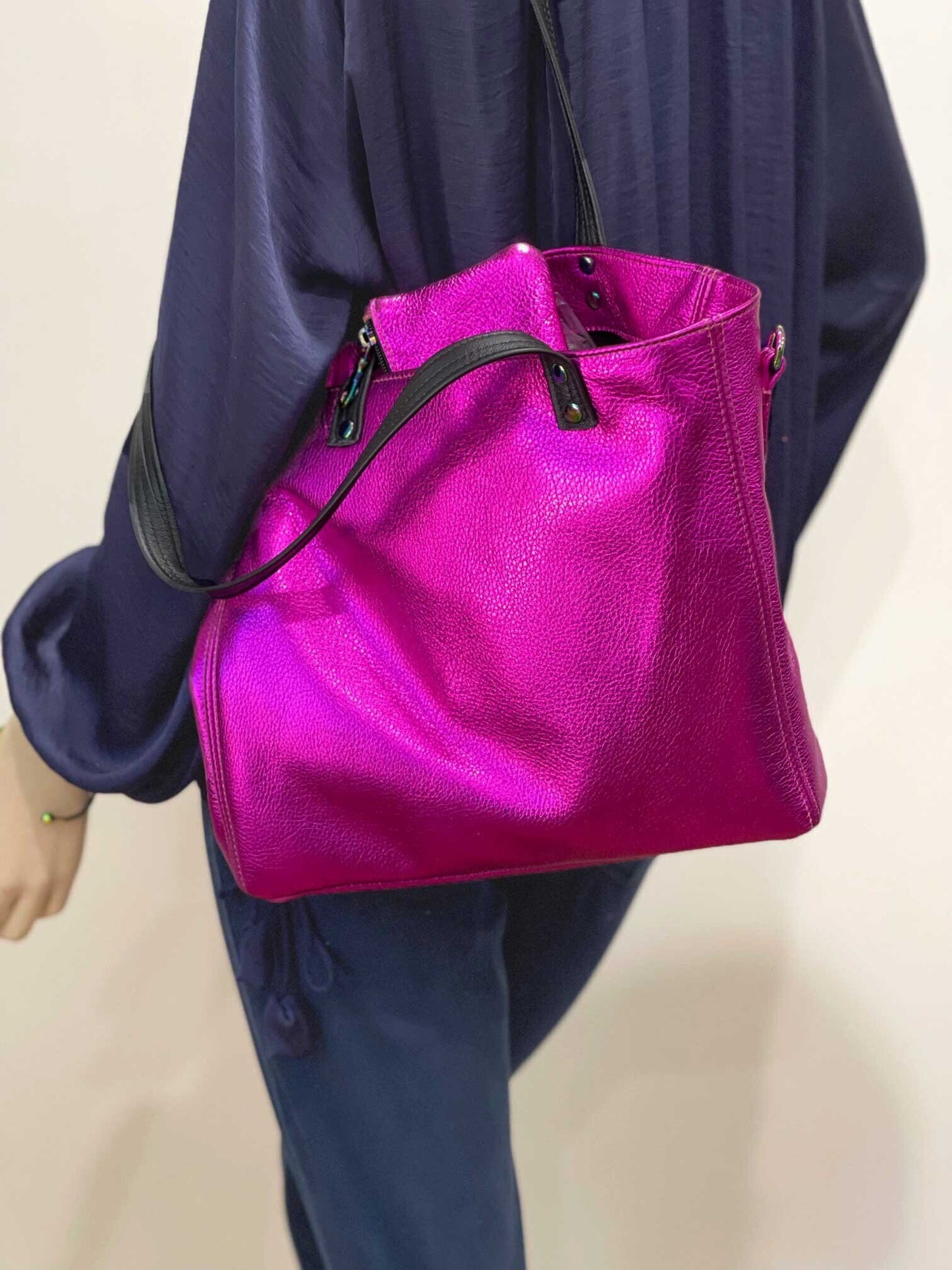Fuchsia Pink Metallic Leather Tote, free leather purse