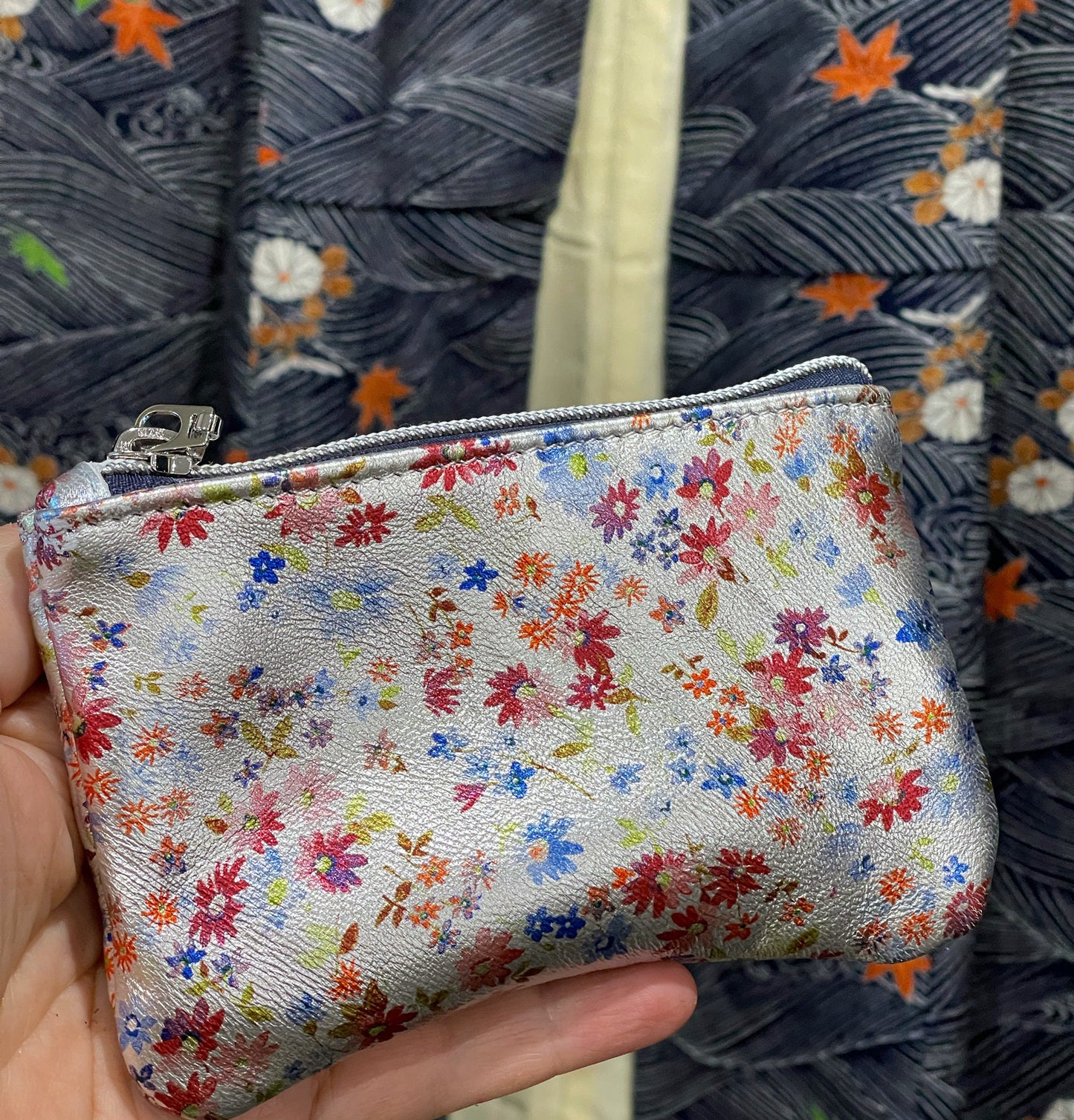 Metallic ditsy floral coin purse, small print on silver leather gift idea