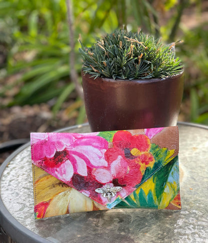 Bright clutch leather wristlet, painted abstract garden, summer leather purse, detachable wristlet