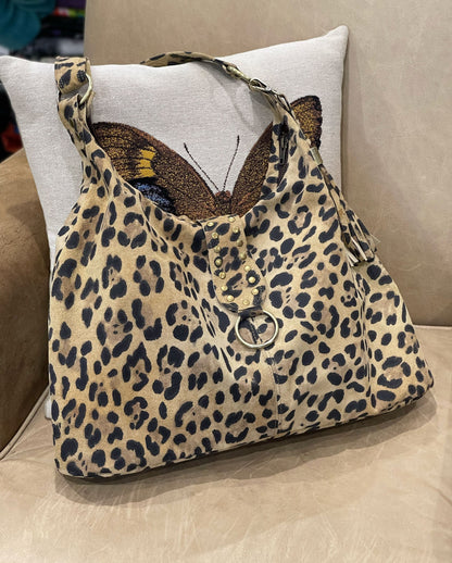 Leopard Print Leather Italian Hobo Bag, Suede surface