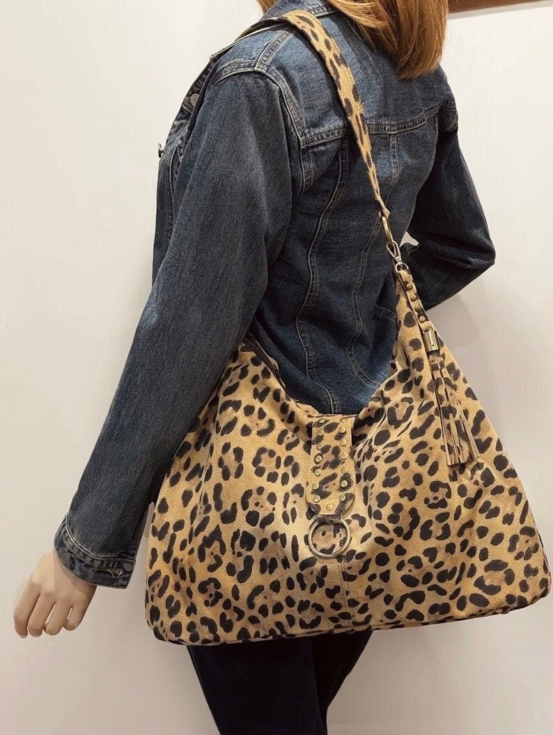 Leopard Print Leather Italian Hobo Bag, Suede surface