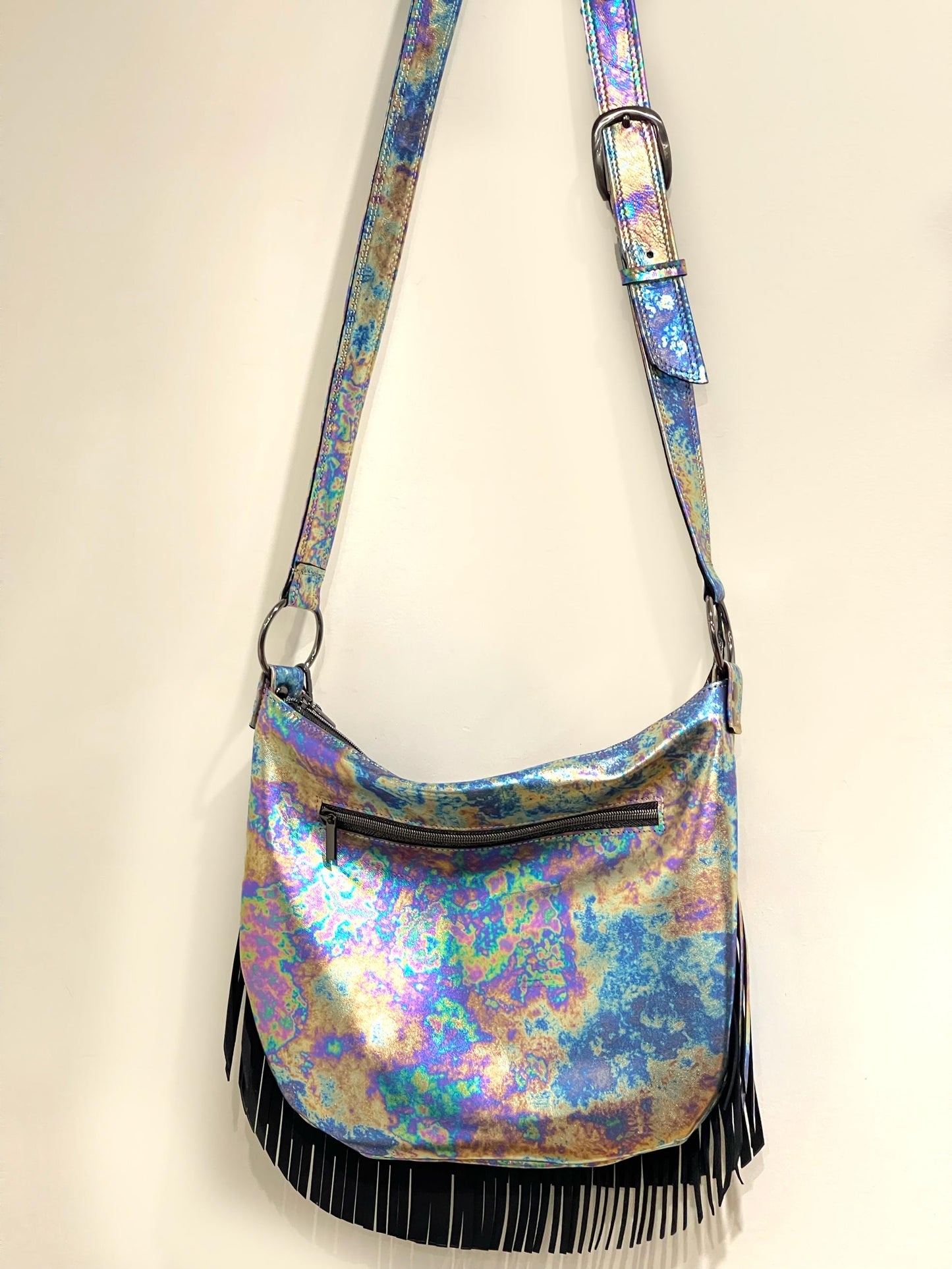 Oil slick Metallic Leather Fringe hobo bag