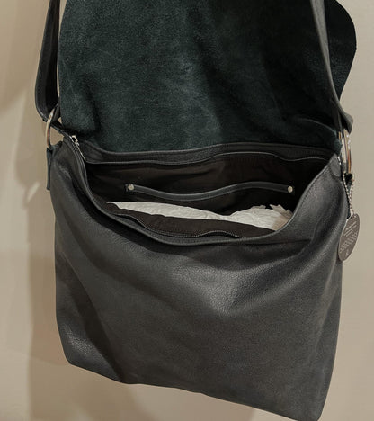 Distressed Black Leather Crossbody Bag with asymmetrical flap