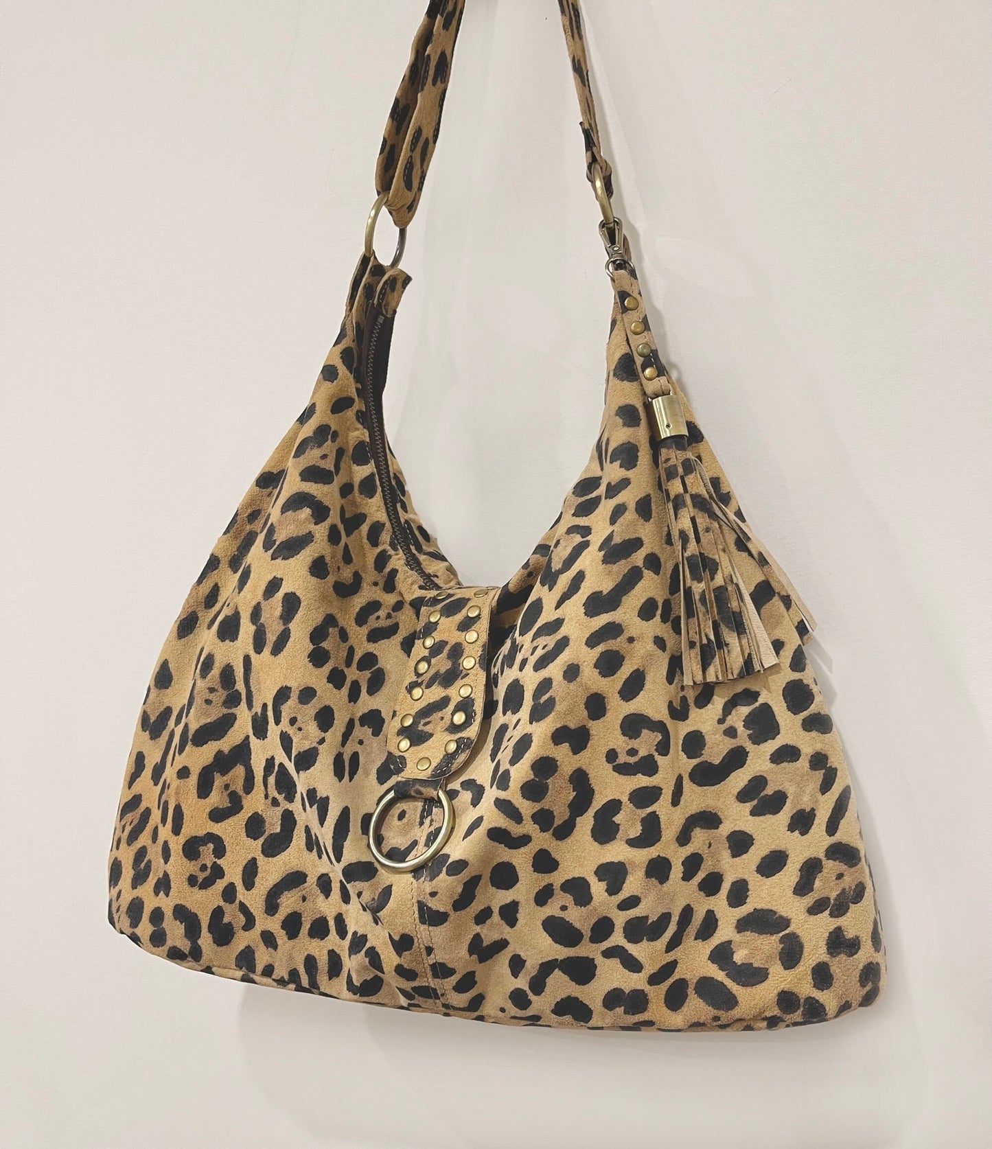 Leopard Print Leather Italian Hobo Bag, Suede surface