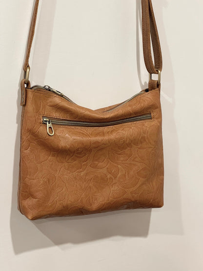 Tooled Natural Tan Leather Rustic Crossbody Bag, Embossed Floral IN STOCK