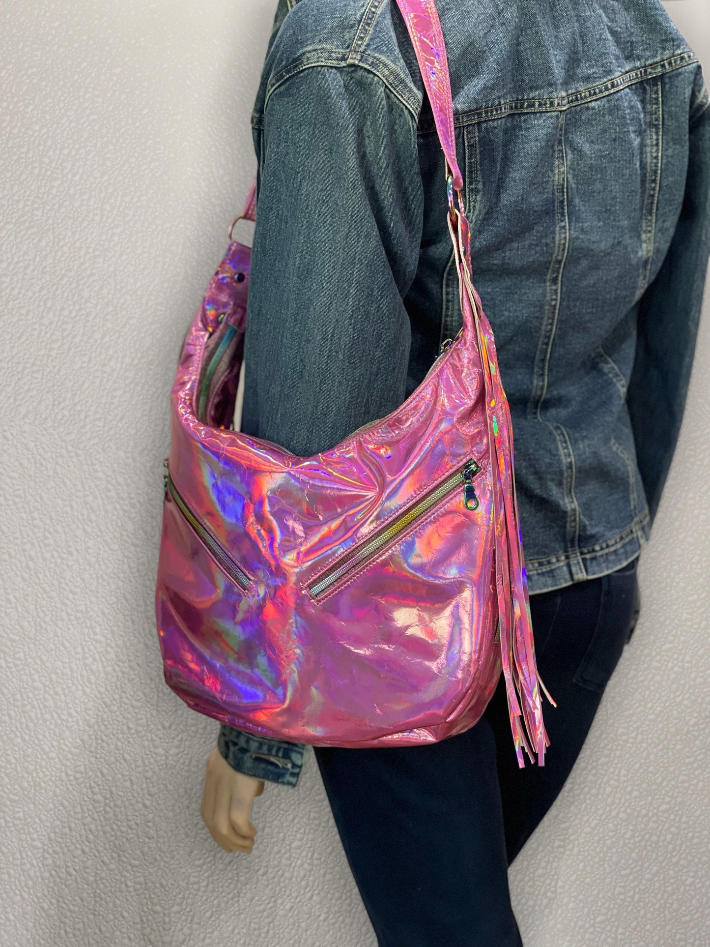 Holographic Pink Leather Hobo, Italian pink leather