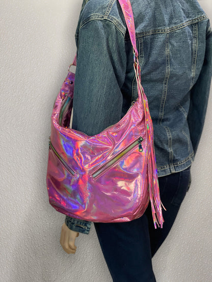 Holographic Pink Leather Hobo, Italian pink leather