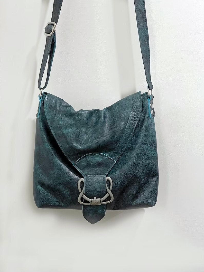 Vintage Teal Distressed leather bag, Celtic Crossbody